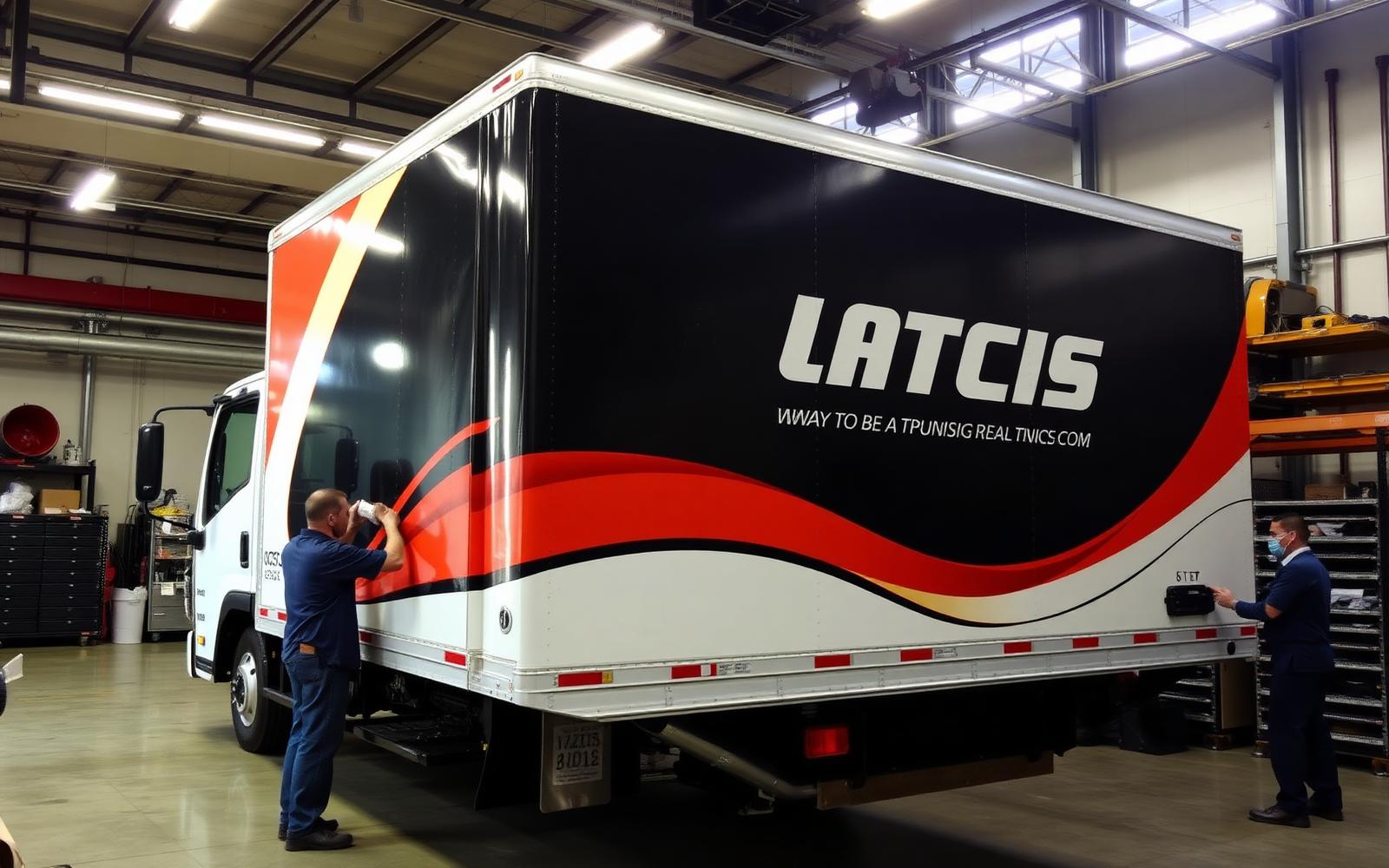 Technician installing vinyl wrap graphics on a commercial box truck inside the shop